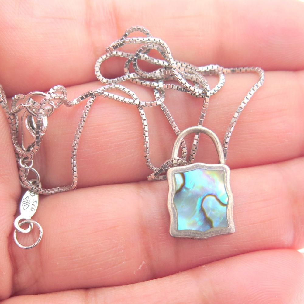 Sterling Silver 925 Abalone Shell Reversible Padlock Necklace Box Chain 18 Inch - Picture 5 of 7